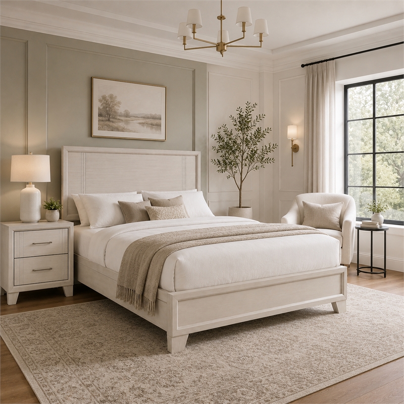 Queen Bedroom Set- White- Silver Wood- 2 Piece Set with Nightstand