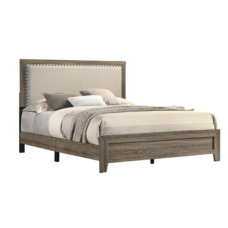 Queen Bedroom Set- Gray- Ivory- Brown Wood- 3 Piece Set with 2 Nightstands