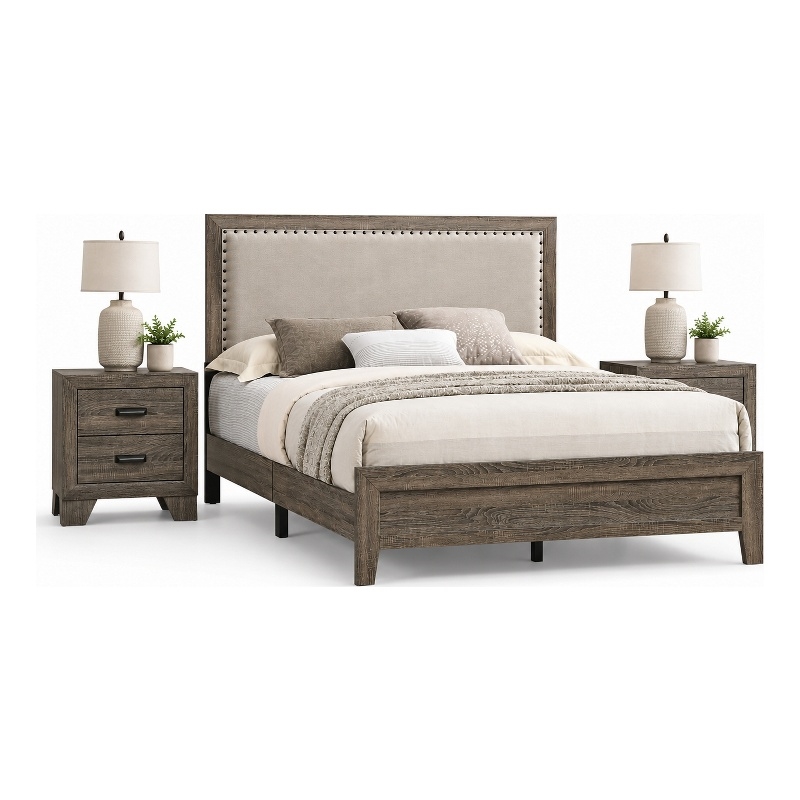 Queen Bedroom Set- Gray- Ivory- Brown Wood- 3 Piece Set with 2 Nightstands