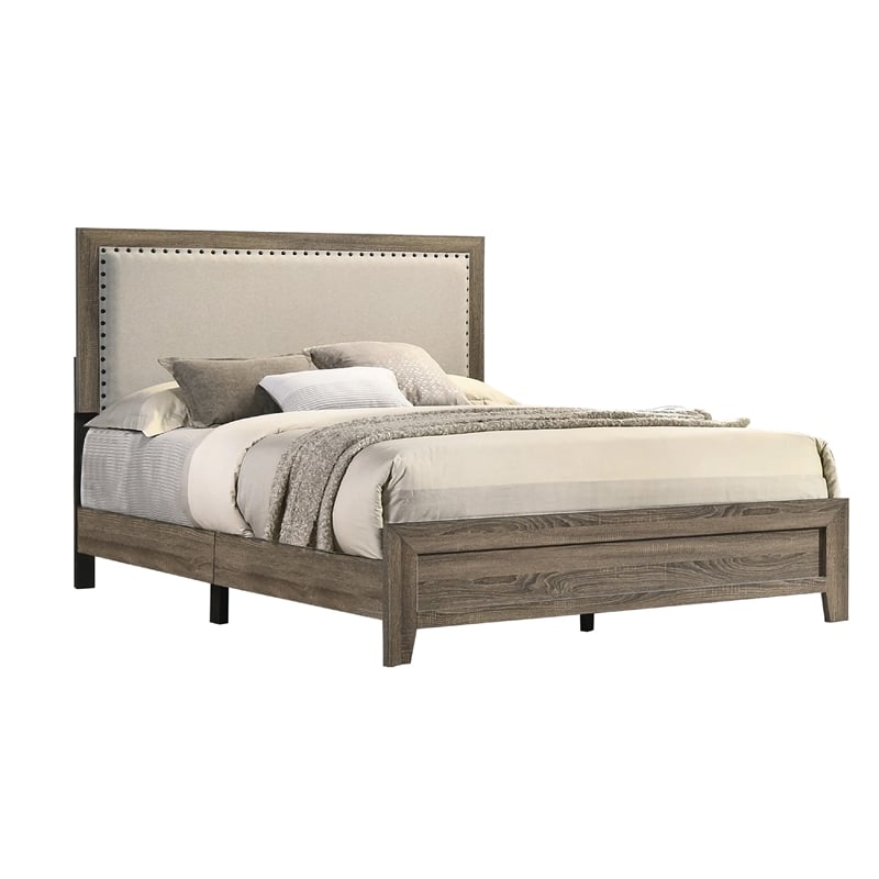 Queen Bedroom Set- Gray- Ivory- Brown Wood- 2 Piece Set with Nightstand