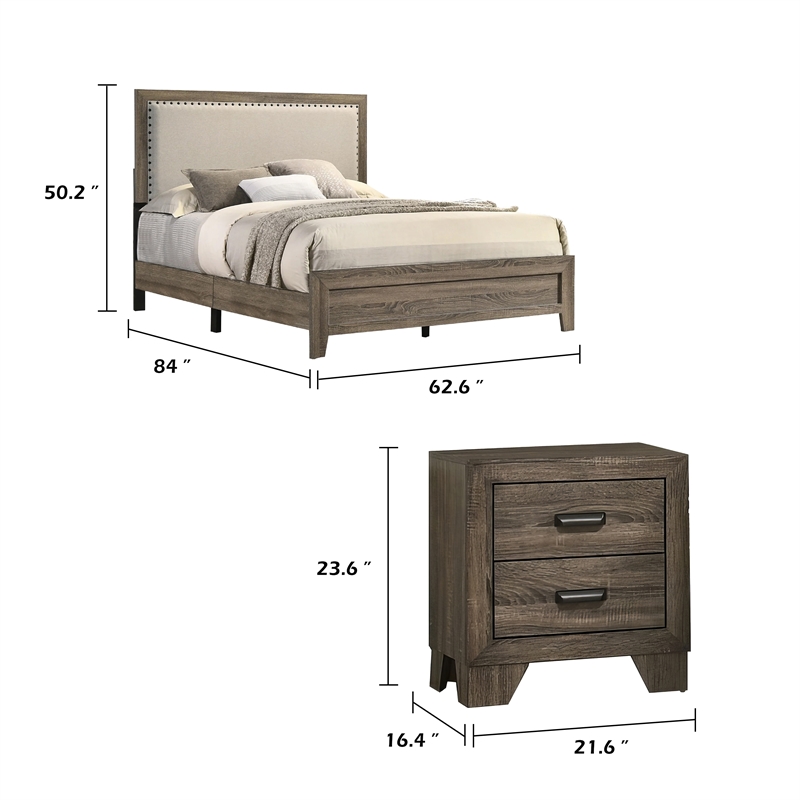 Queen Bedroom Set- Gray- Ivory- Brown Wood- 2 Piece Set with Nightstand