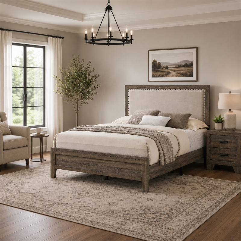 Queen Bedroom Set- Gray- Ivory- Brown Wood- 2 Piece Set with Nightstand
