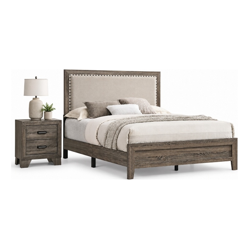 Queen Bedroom Set- Gray- Ivory- Brown Wood- 2 Piece Set with Nightstand