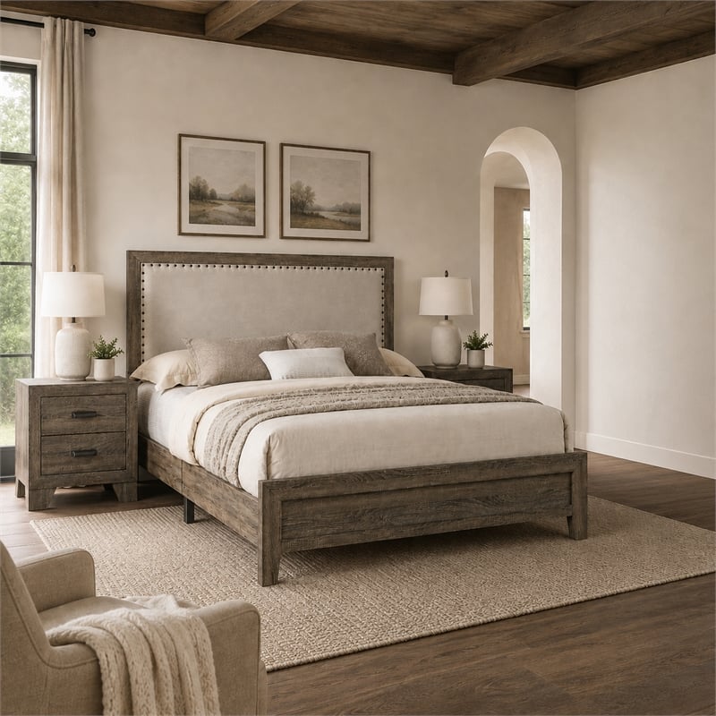King Bedroom Set- Gray- Ivory- Brown Wood- 3 Piece Set with 2 Nightstands