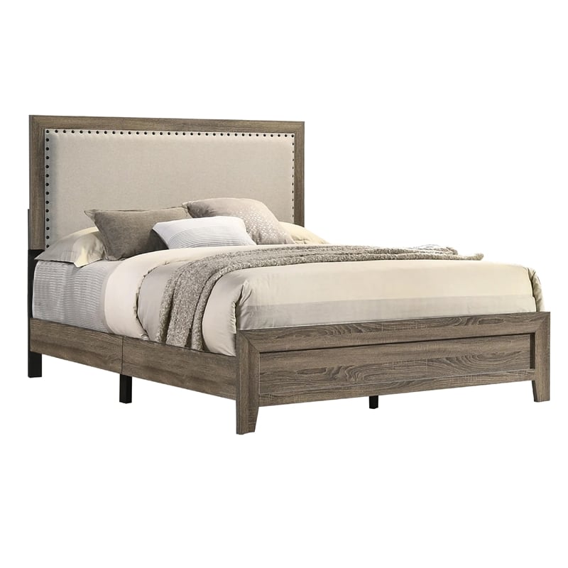 King Bedroom Set- Gray- Ivory- Brown Wood- 2 Piece Set with Nightstand