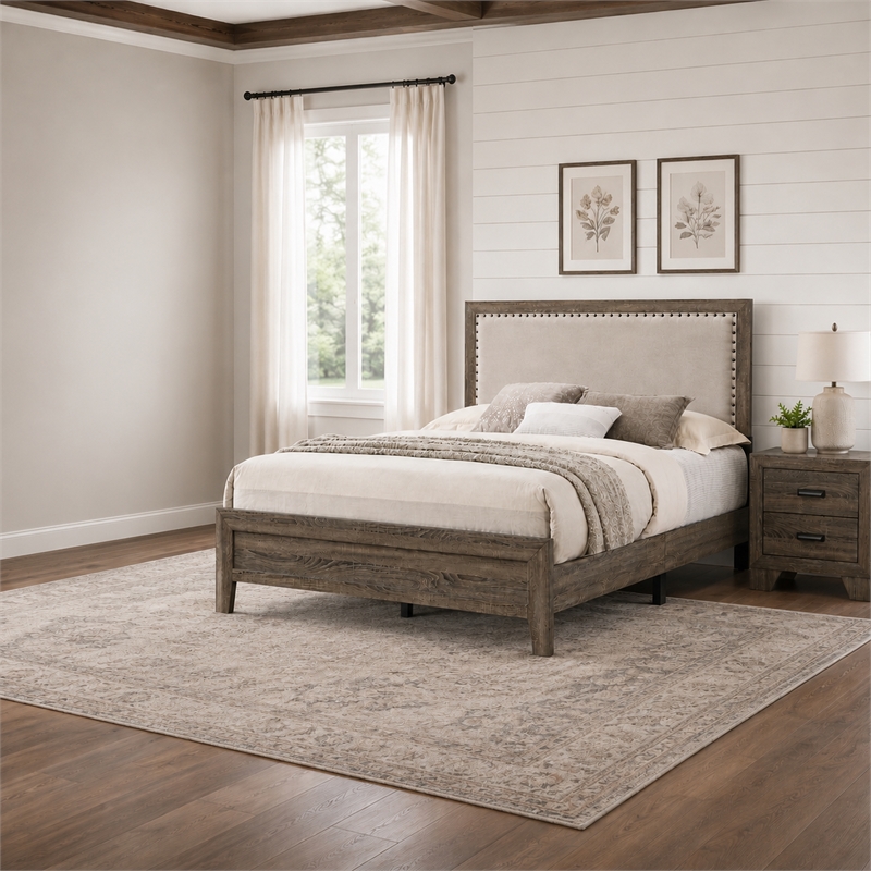 King Bedroom Set- Gray- Ivory- Brown Wood- 2 Piece Set with Nightstand