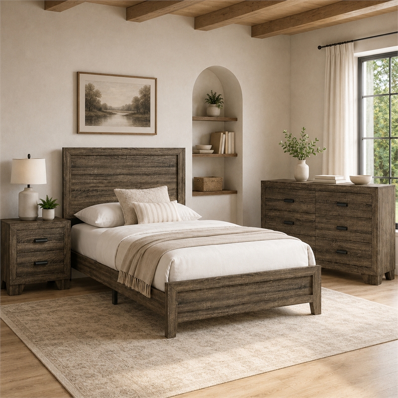 Full Bedroom Set- Brown Wood- 3 Piece Set with Nightstand and Dresser