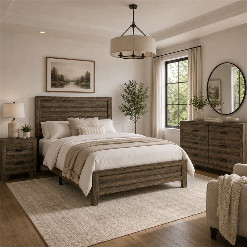Full Bedroom Set- Brown Wood- 3 Piece Set with Nightstand and Dresser