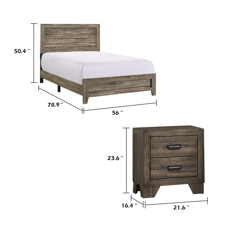 Full Bedroom Set- Brown Wood- 2 Piece Set with Nightstand