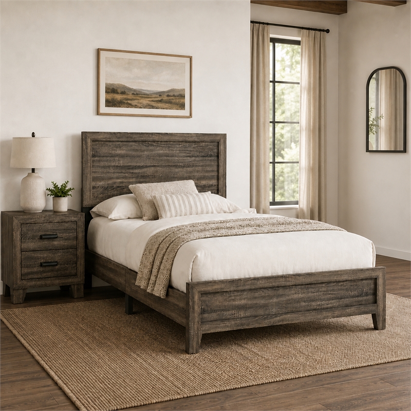 Full Bedroom Set- Brown Wood- 2 Piece Set with Nightstand