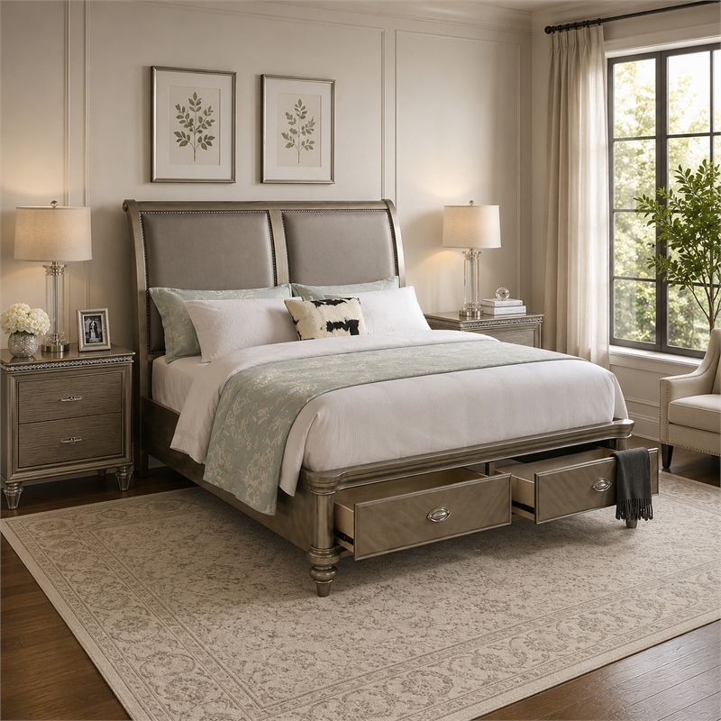 Queen Bedroom Set- Gold Wood- 3 Piece Set with 2 Nightstands