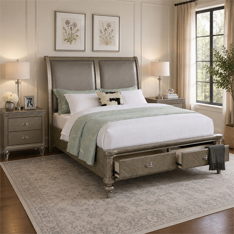 Queen Bedroom Set- Gold Wood- 3 Piece Set with 2 Nightstands