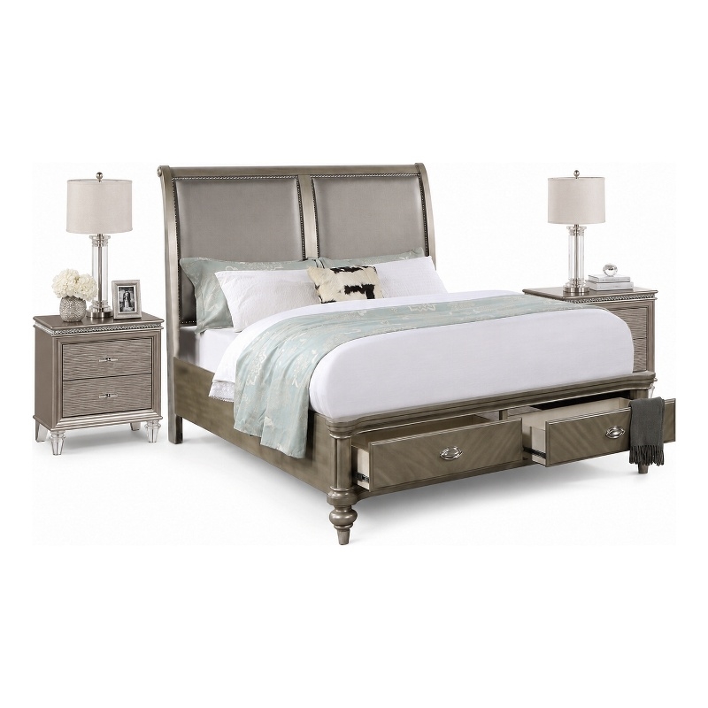 Queen Bedroom Set- Gold Wood- 3 Piece Set with 2 Nightstands