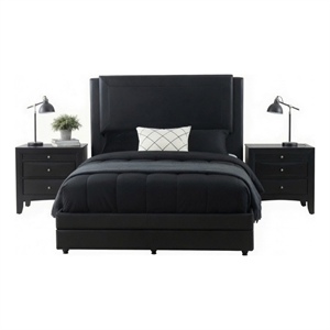 Queen Bedroom Set- Black Wood- 3 Piece Set with 2 Nightstands