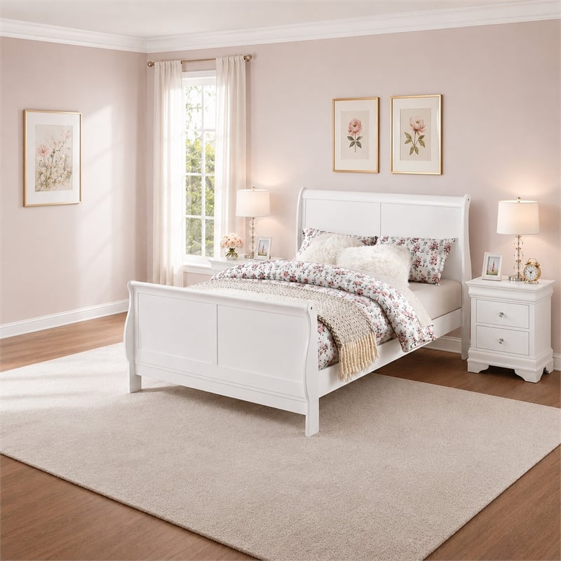 King Bedroom Set- White Wood- 3 Piece Set with 2 Nightstands