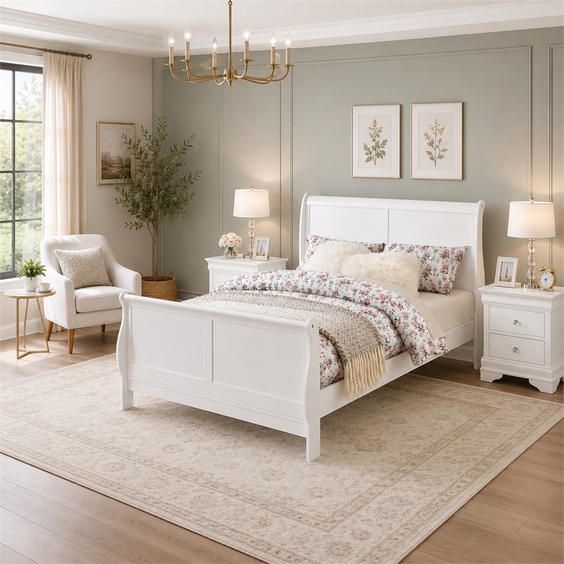 King Bedroom Set- White Wood- 3 Piece Set with 2 Nightstands