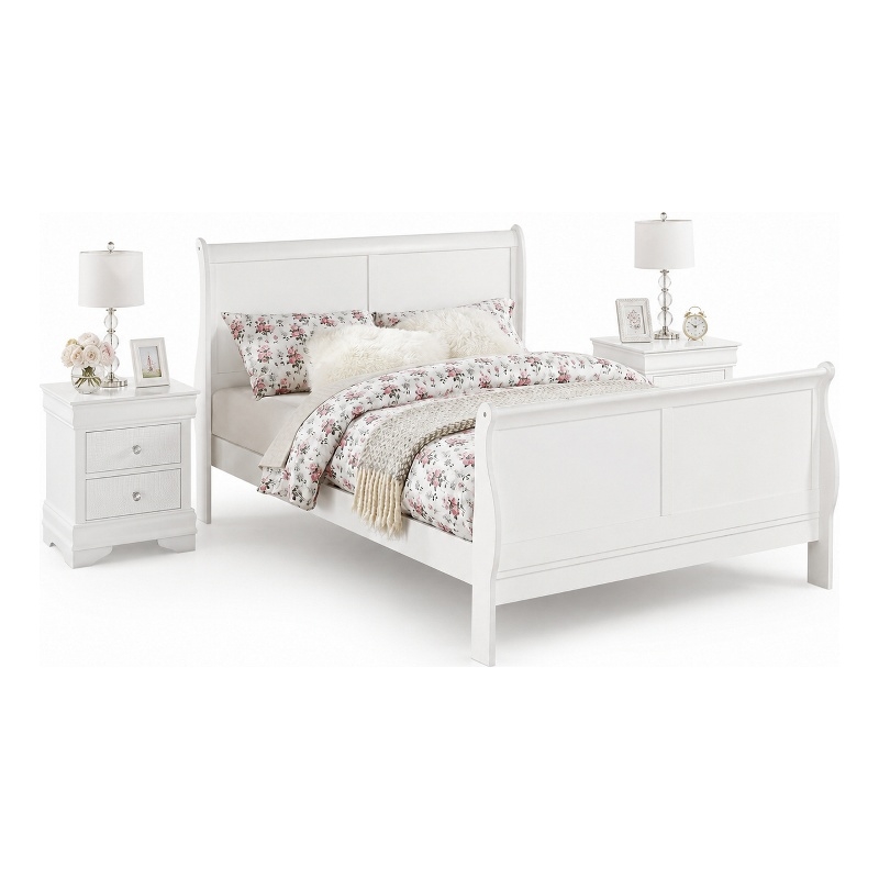 King Bedroom Set- White Wood- 3 Piece Set with 2 Nightstands