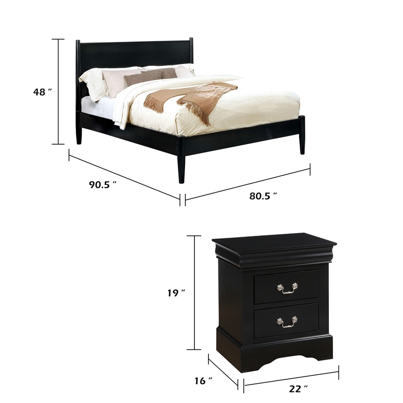 California King Bedroom Set- Black Wood- 3 Piece Set with 2 Nightstands