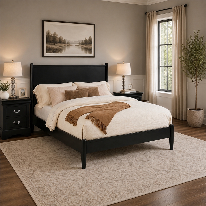 California King Bedroom Set- Black Wood- 3 Piece Set with 2 Nightstands