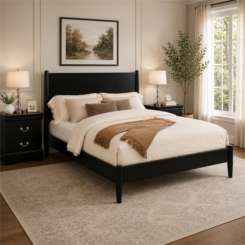 California King Bedroom Set- Black Wood- 3 Piece Set with 2 Nightstands