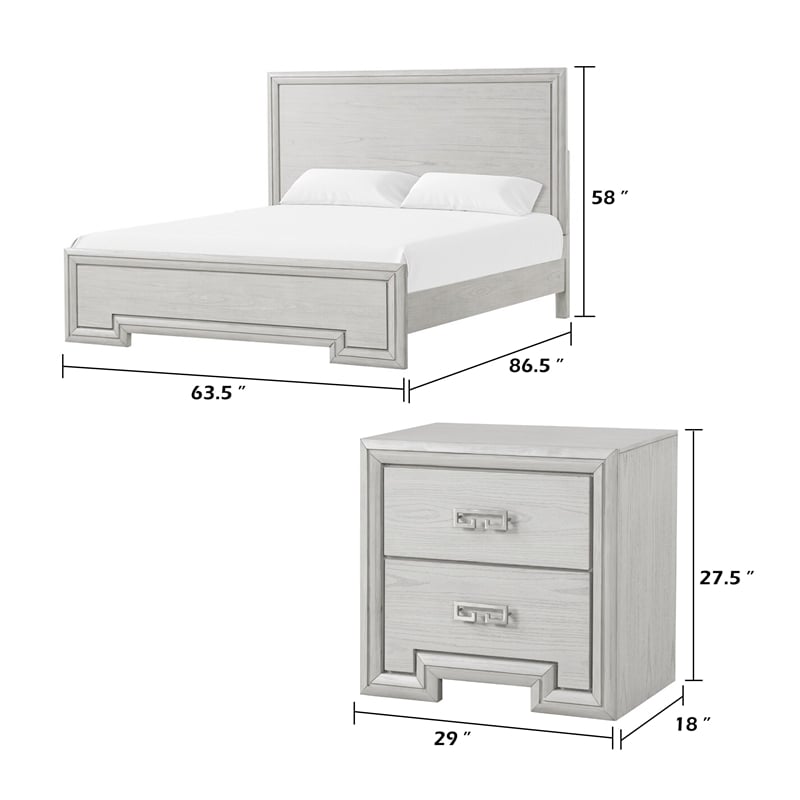 Queen Bedroom Set- White- Nickel Wood- 2 Piece Set with Nightstand