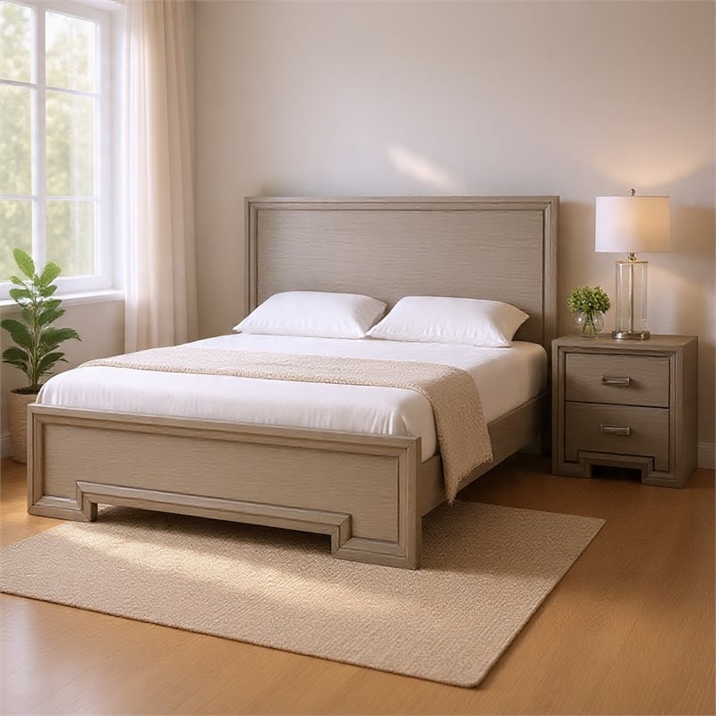 Queen Bedroom Set- White- Nickel Wood- 2 Piece Set with Nightstand