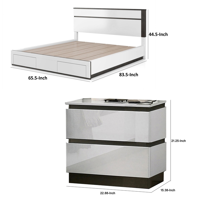 Queen Bedroom Set- White- Metallic Gray Wood- 2 Piece Set with Nightstand