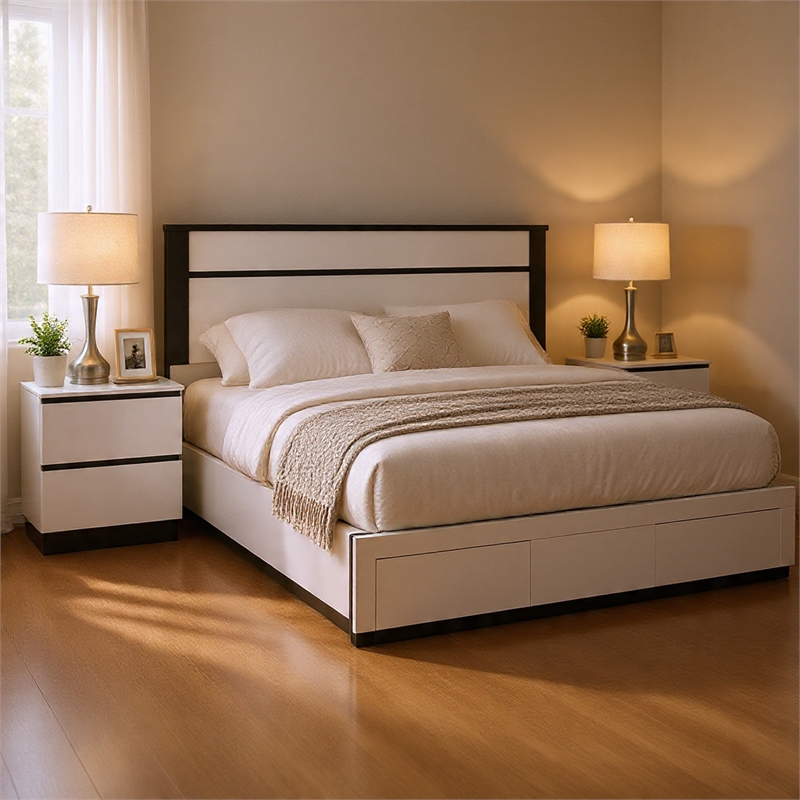 Queen Bedroom Set- White- Metallic Gray Wood- 2 Piece Set with Nightstand