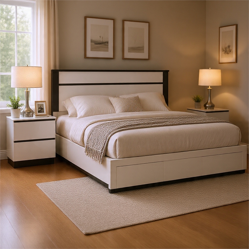 Queen Bedroom Set- White- Metallic Gray Wood- 2 Piece Set with Nightstand