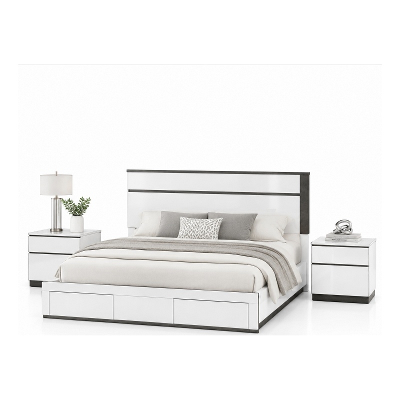 Queen Bedroom Set- White- Metallic Gray Wood- 3 Piece Set with 2 Nightstands
