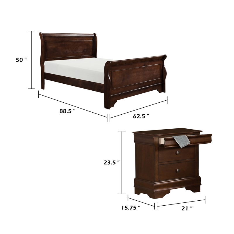 Queen Bedroom Set- Brown Wood- 2 Piece Set with Nightstand