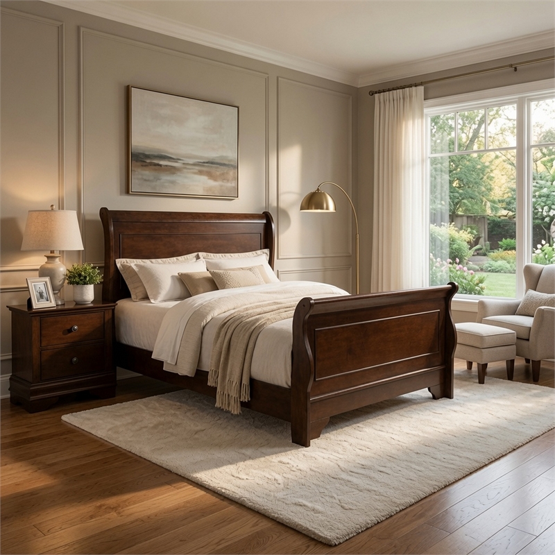 Queen Bedroom Set- Brown Wood- 2 Piece Set with Nightstand