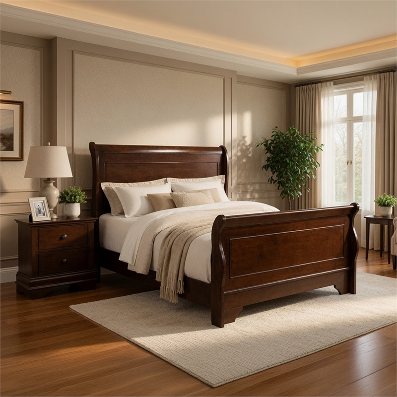 Queen Bedroom Set- Brown Wood- 2 Piece Set with Nightstand