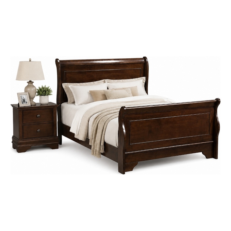 Queen Bedroom Set- Brown Wood- 2 Piece Set with Nightstand