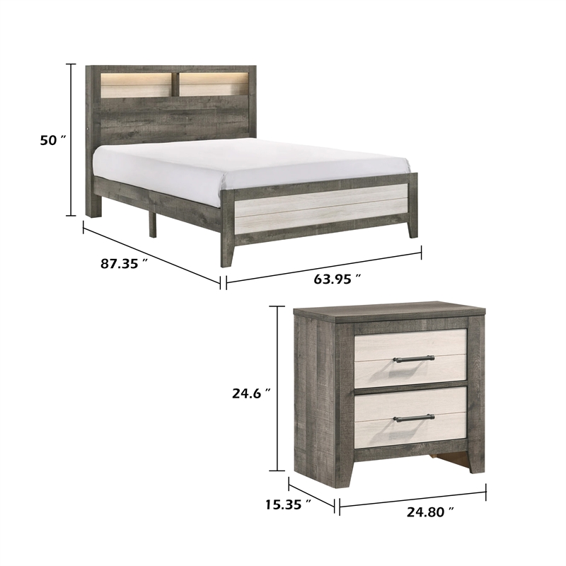 Queen Bedroom Set- Gray- White- Light Ash- Black Wood-3 Piece Set w 2 Nightstand