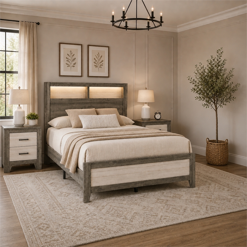 Queen Bedroom Set- Gray- White- Light Ash- Black Wood-3 Piece Set w 2 Nightstand