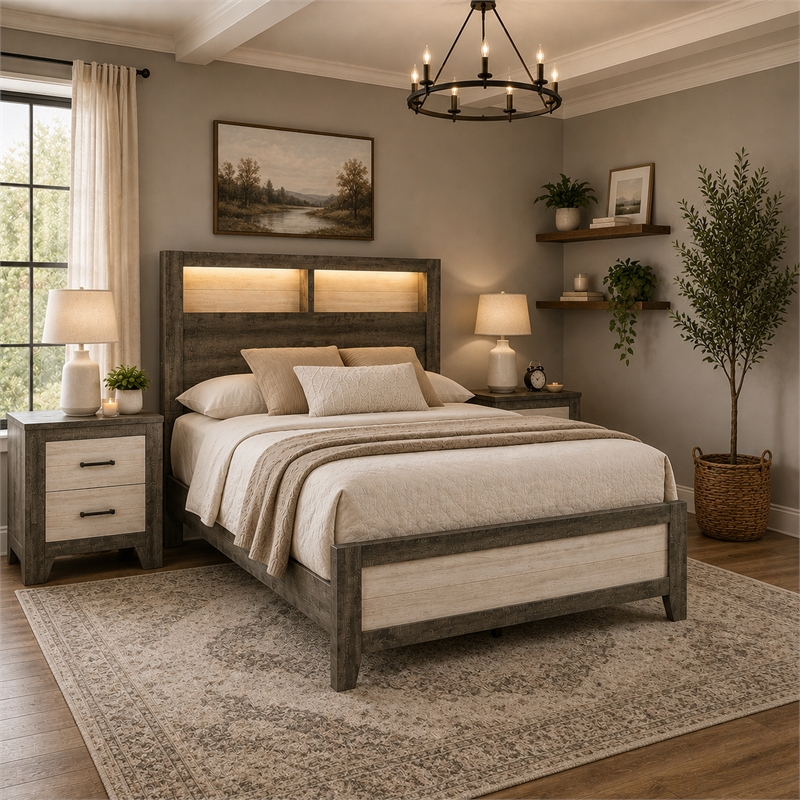 Queen Bedroom Set- Gray- White- Light Ash- Black Wood-3 Piece Set w 2 Nightstand