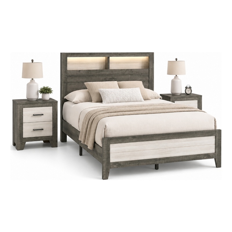 Queen Bedroom Set- Gray- White- Light Ash- Black Wood-3 Piece Set w 2 Nightstand