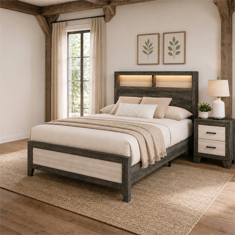 Queen Bedroom Set- Gray- White- Light Ash- Black Wood- 2 Piece Set w Nightstand