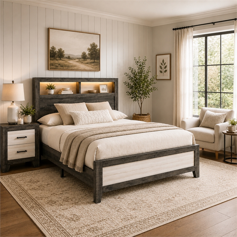 Queen Bedroom Set- Gray- White- Light Ash- Black Wood- 2 Piece Set w Nightstand