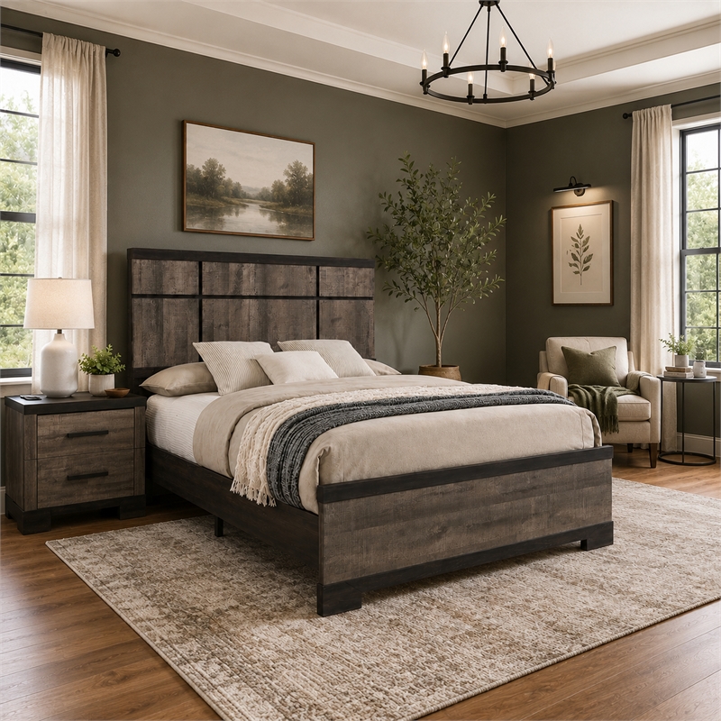 King Bedroom Set- Gray- Ebony Black Wood- 2 Piece Set with Nightstand