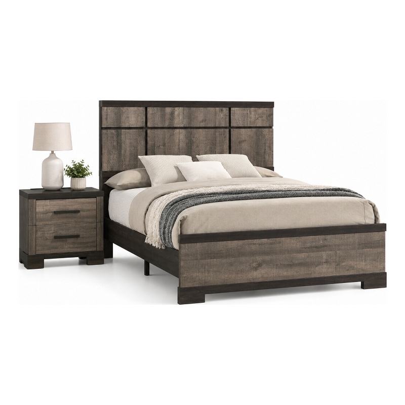 King Bedroom Set- Gray- Ebony Black Wood- 2 Piece Set with Nightstand