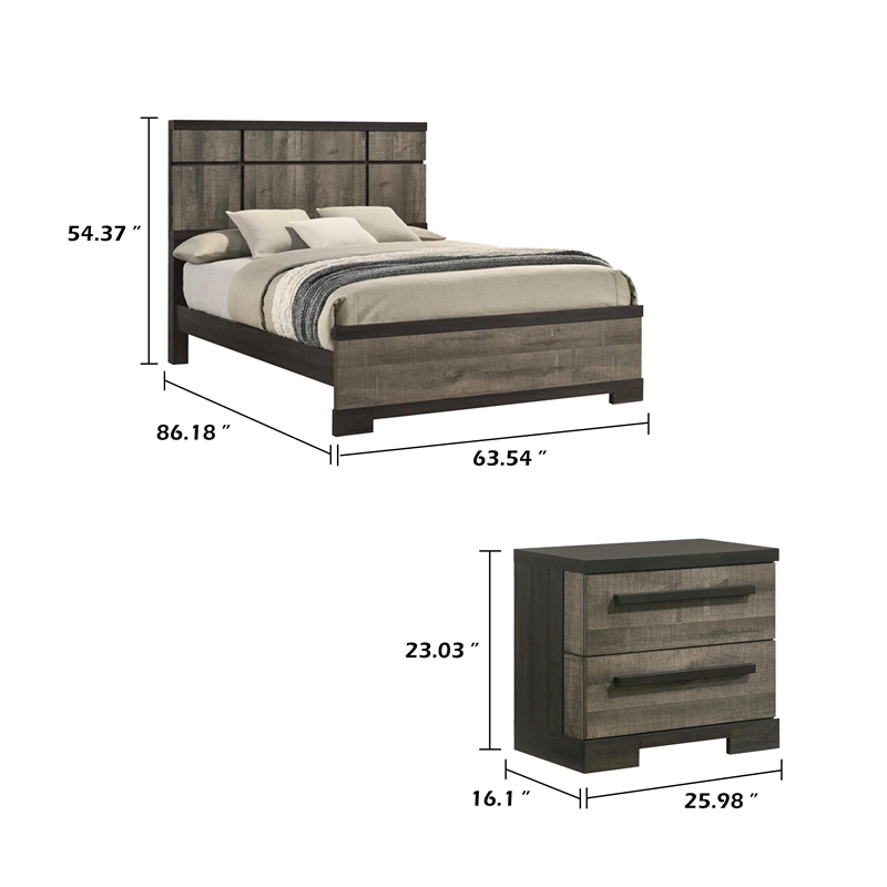 Queen Bedroom Set- Gray- Ebony Black Wood- 2 Piece Set with Nightstand