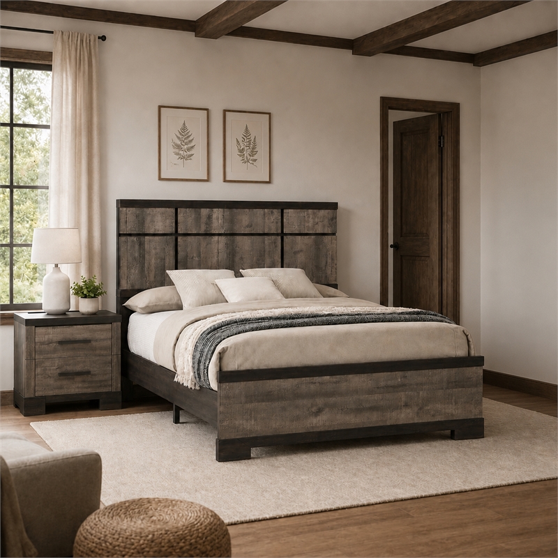 Queen Bedroom Set- Gray- Ebony Black Wood- 2 Piece Set with Nightstand