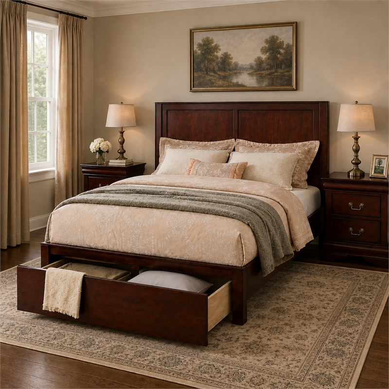 California King Bedroom Set- Cherry Brown-Wood- 3 Piece Set with 2 Nightstands