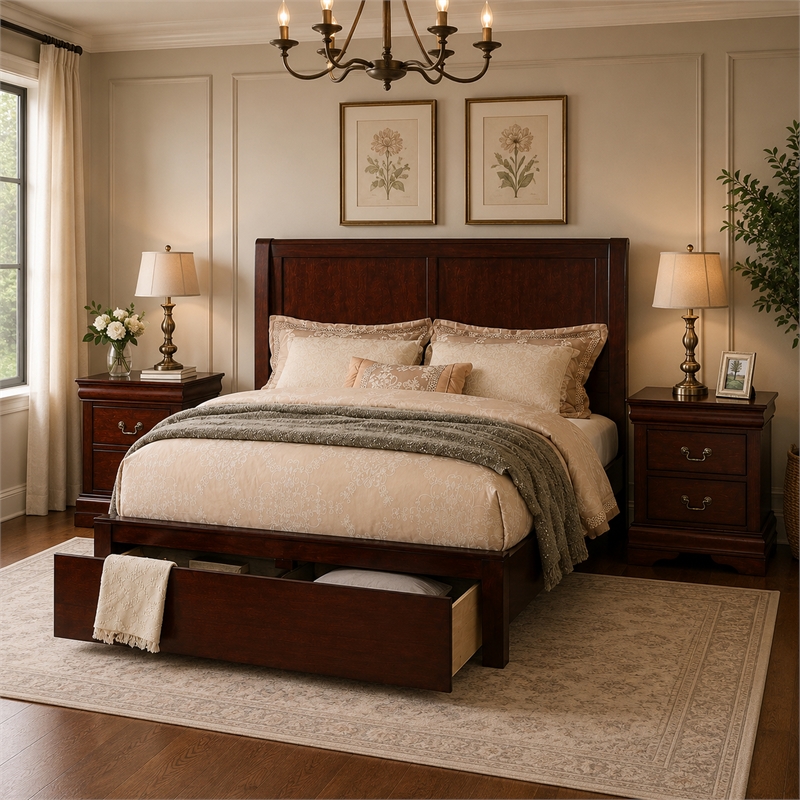 California King Bedroom Set- Cherry Brown-Wood- 3 Piece Set with 2 Nightstands