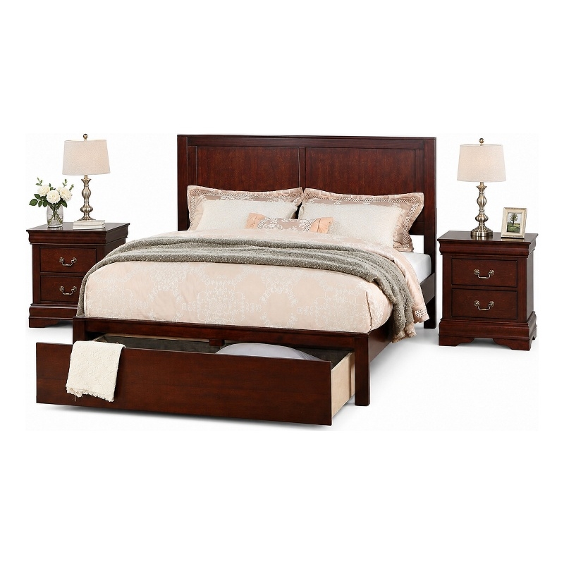 California King Bedroom Set- Cherry Brown-Wood- 3 Piece Set with 2 Nightstands