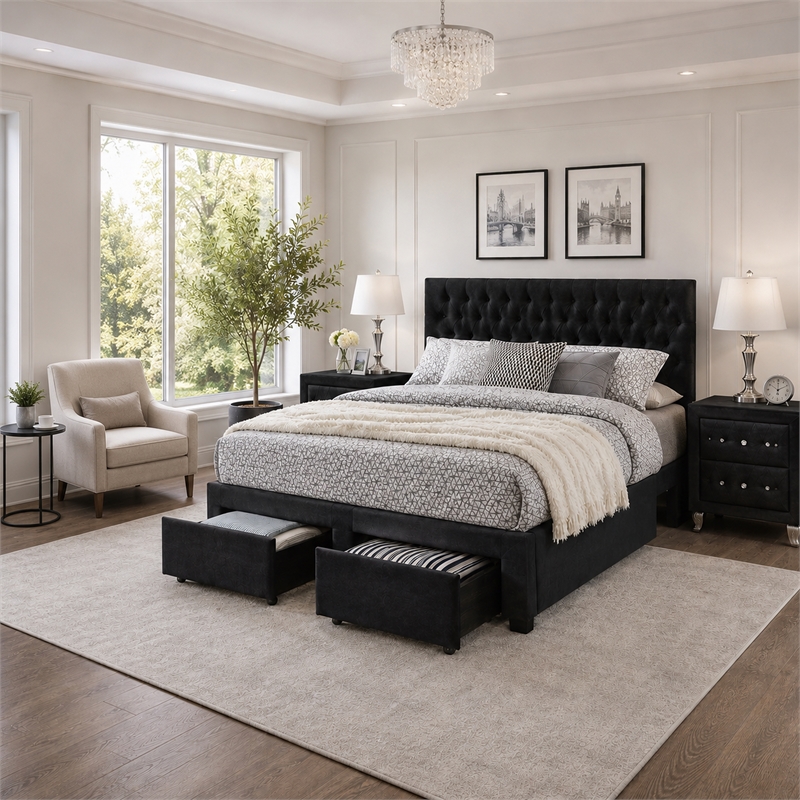 King Bedroom Set- Black Wood- 3 Piece Set with 2 Nightstands