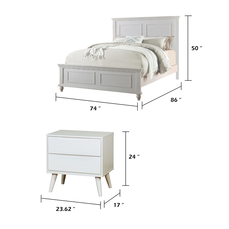 King Bedroom Set- White Wood- 3 Piece Set with 2 Nightstands