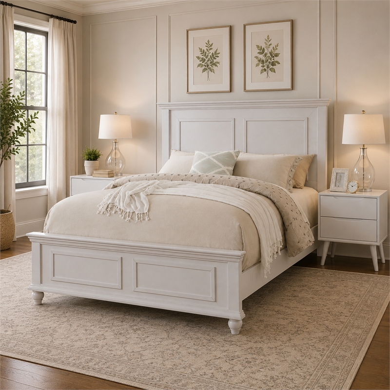 King Bedroom Set- White Wood- 3 Piece Set with 2 Nightstands